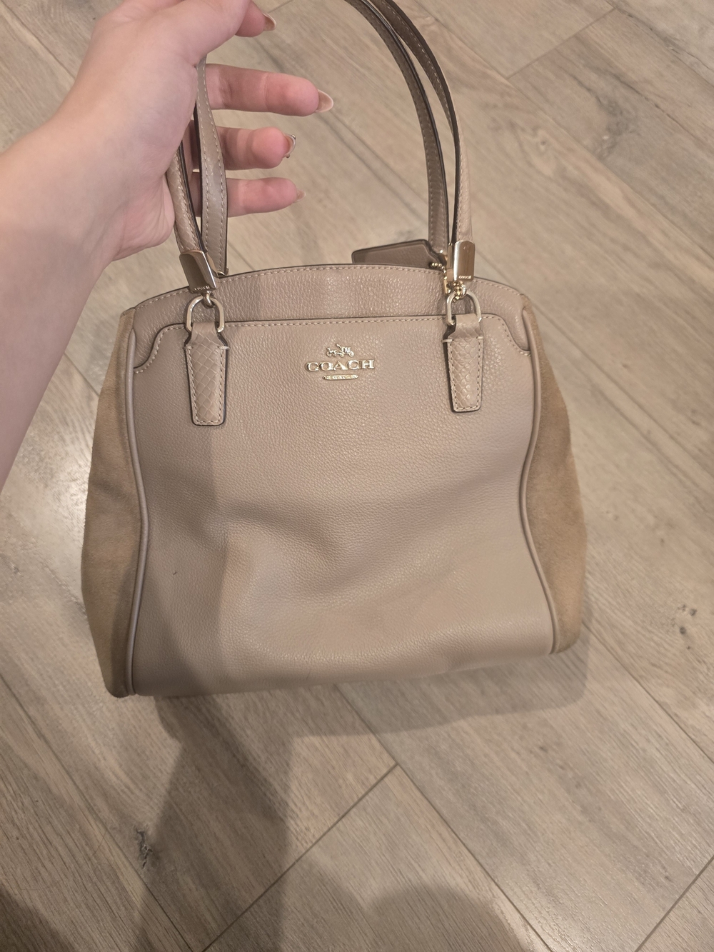 Coach Pebble Leather Shoulder Bag in Taupe and Suede